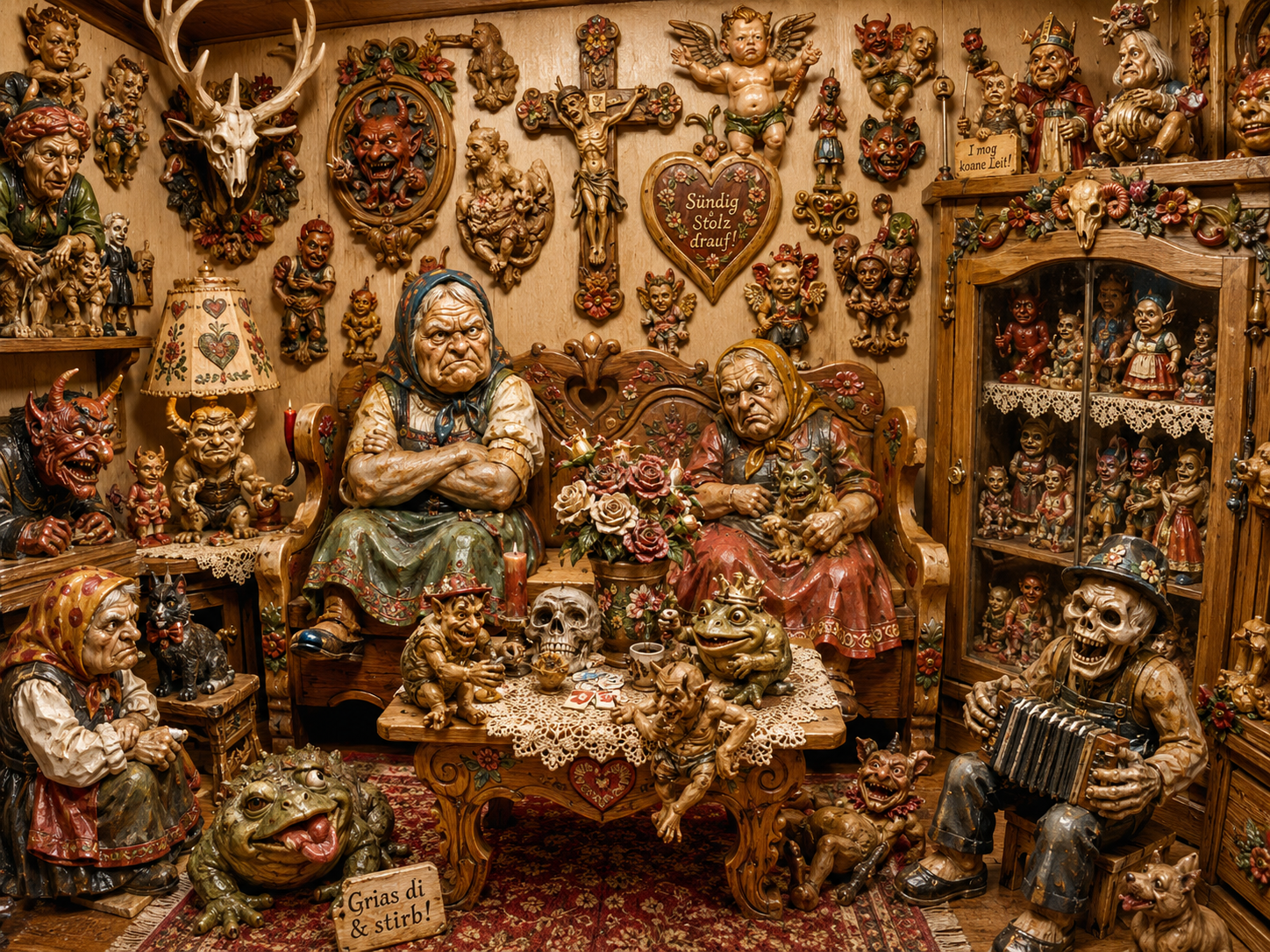 Überladene holzgetäfelte Stube mit grotesken Figuren, Dämonenmasken, religiösem Kitsch, Vitrinenpuppen, Totenschädeln und zwei grimmigen alten Frauen inmitten einer obsessiven Sammlung