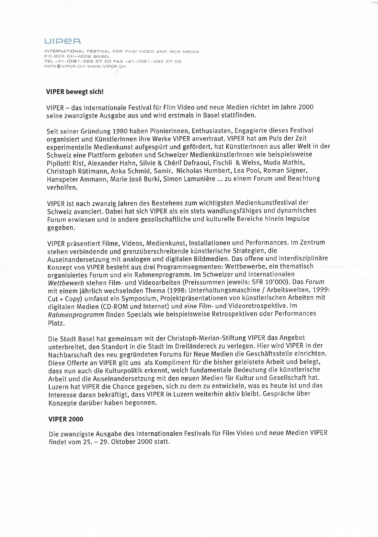VIPER-Programmblatt zur zwanzigsten Ausgabe des Festivals in Basel im Jahr 2000