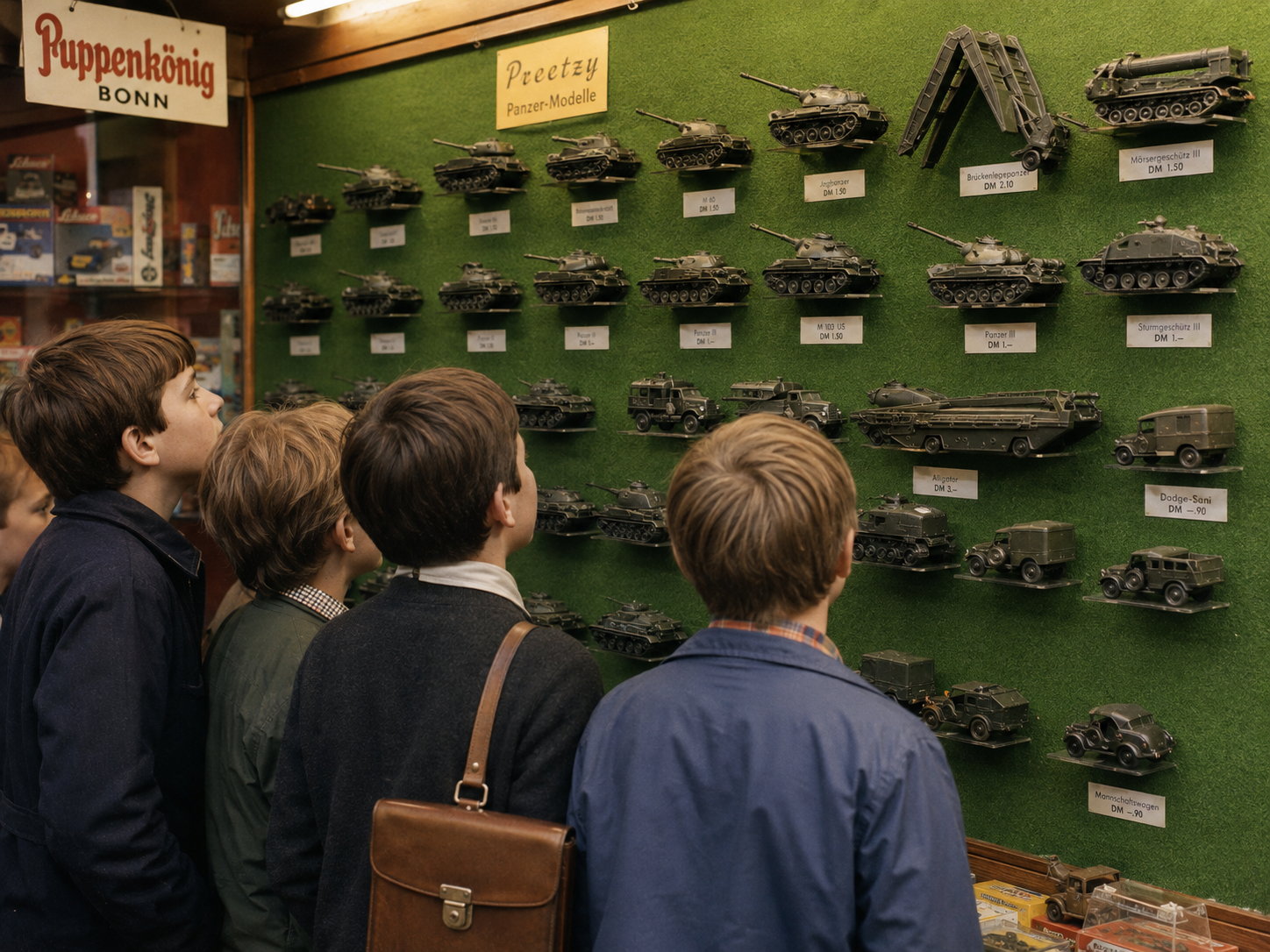 Rekonstruiertes Erinnerungsbild: Kinder betrachten Modellpanzer und Fahrzeuge in der Auslage eines Spielzeuggeschäfts